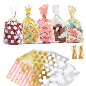 150 pcs 5 in x 9 in mixed 5 printed flat cello cellophane treat bags for bakery cookies sweets snacks candies dessert 30 pcs for each color 200 gold twist ties