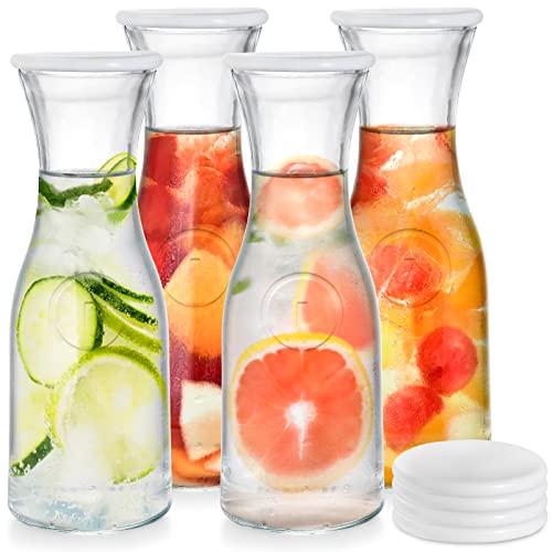 Kingrol 4 Pack Glass Pitchers, 34 Ounces/1 Liter Narrow Neck Glass Carafes for Water, Juicing, Iced Tea, Beverage, Wine, Mimosa Bar Supplies