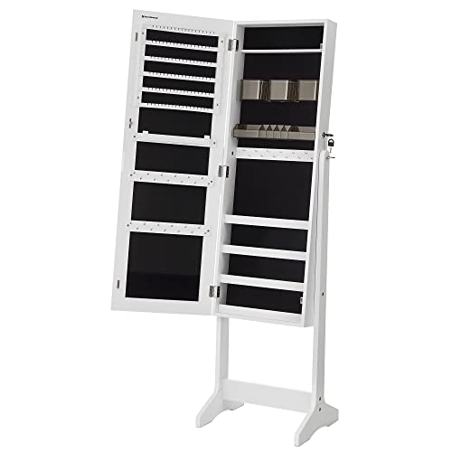 SONGMICS Jewelry Cabinet Armoire, Freestanding Lockable Storage Organizer Unit with 2 Plastic Cosmetic Storage, Full-Length Frameless Mirror, for Necklace Earring, White UJJC002W01