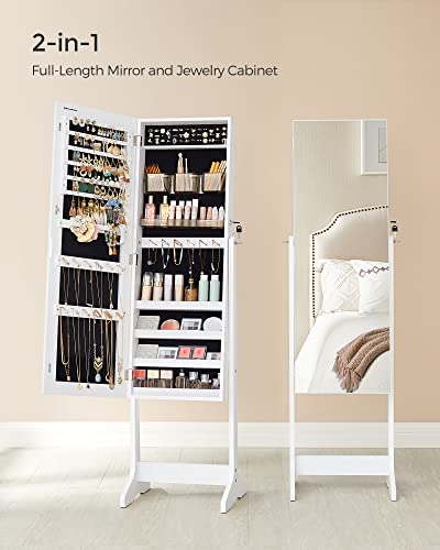 SONGMICS Jewelry Cabinet Armoire, Freestanding Lockable Storage Organizer Unit with 2 Plastic Cosmetic Storage, Full-Length Frameless Mirror, for Necklace Earring, White UJJC002W01