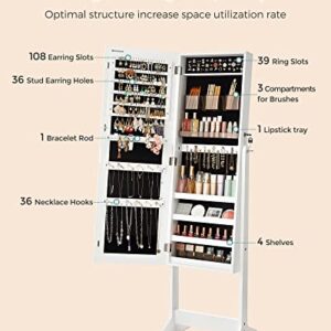 SONGMICS Jewelry Cabinet Armoire, Freestanding Lockable Storage Organizer Unit with 2 Plastic Cosmetic Storage, Full-Length Frameless Mirror, for Necklace Earring, White UJJC002W01