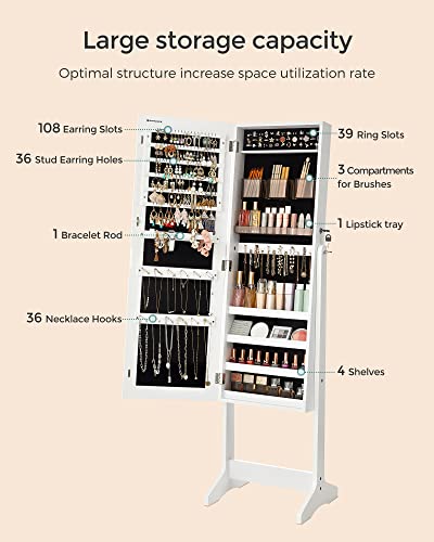 SONGMICS Jewelry Cabinet Armoire, Freestanding Lockable Storage Organizer Unit with 2 Plastic Cosmetic Storage, Full-Length Frameless Mirror, for Necklace Earring, White UJJC002W01