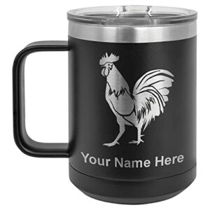 lasergram 15oz vacuum insulated coffee mug, rooster, personalized engraving included (black)