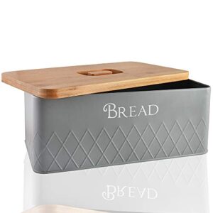 baking & beyond bread box with bamboo cutting board lid,13"x7.5"x5" space-saving bread box for kitchen countertop, bread storage container holder, bread keeper bin - fresh loaves