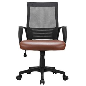 Yaheetech Mid Back Mesh Chair w/Leather Seat Executive Office Chair Computer Task Chair with Armrests Ergonomic Desk Chair with Lumbar Support, Brown