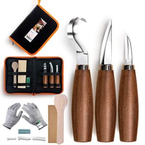 whittling knife, wood carving tools 5 in 1 knife set - includes hook knife, whittling knife, detail knife, carving knife sharpener for spoon bowl cup kuksa for kids & beginners