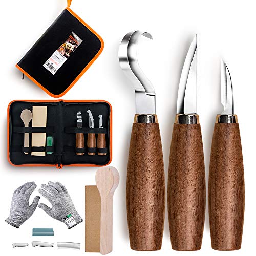 Whittling knife, Wood Carving Tools 5 in 1 Knife Set - Includes Hook Knife, Whittling Knife, Detail Knife, Carving Knife Sharpener for Spoon Bowl Cup Kuksa for Kids & Beginners