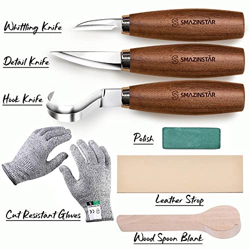 Whittling knife, Wood Carving Tools 5 in 1 Knife Set - Includes Hook Knife, Whittling Knife, Detail Knife, Carving Knife Sharpener for Spoon Bowl Cup Kuksa for Kids & Beginners