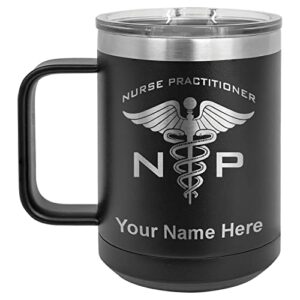 lasergram 15oz vacuum insulated coffee mug, np nurse practitioner, personalized engraving included (black)