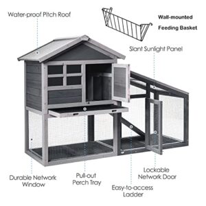 Tangkula Rabbit Hutch Indoor Outdoor, Wooden Chicken Coop, Bunny Hutch with Run, Ventilation Door, Removable Tray, Ramp, Sunlight Panel, Backyard Garden Animals Pet Cage (Gray)