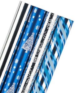 wrapaholic christmas wrapping paper roll - blue and silver snowflake and stripe set with metallic foil shine - 4 rolls - 30 inch x 120 inch per roll