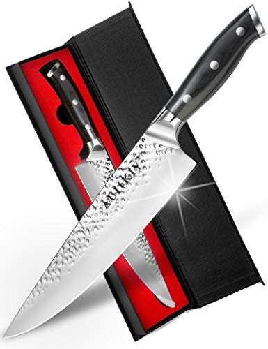 Pro Chef Knife 8 Inch, Japanese AUS-10V Super Stainless Steel Kitchen Knife with Hammer Finish, Chefs Knife with a triple-riveted Ergonomic Handle, Professional Durable Cooking Knife with Gift Box