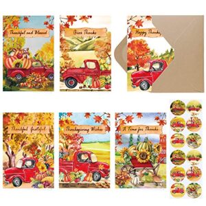 120 Sets Bulk Thanksgiving Cards with Envelopes Stickers Assortment 6 Designs Watercolor Vintage Truck Pumpkins Greeting Cards Blank Holiday Harvest Cards Give Thanks Cards 4x6 for Fall Autumn Party
