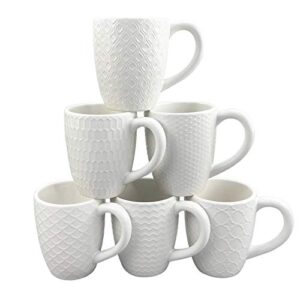 schliersee white ceramic coffee mugs set of 6, stylish embossed coffee cups set with different patterns, for coffee, tea, milk, cocoa, cereal (11.8 ounce), for christmas gift