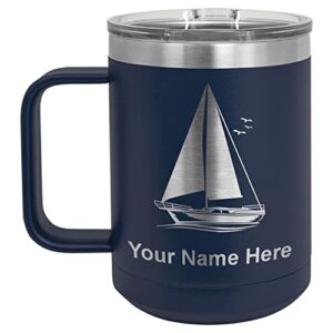 lasergram 15oz vacuum insulated coffee mug, sailboat, personalized engraving included (navy blue)