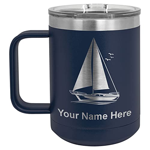 LaserGram 15oz Vacuum Insulated Coffee Mug, Sailboat, Personalized Engraving Included (Navy Blue)