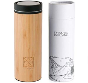 santai living click open vacuum insulated travel mug - bamboo & double walled stainless steel thermo flask 14oz/400ml