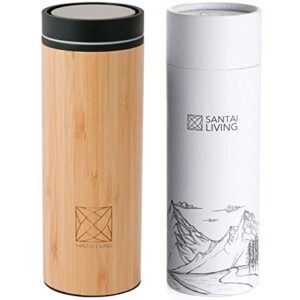 Santai Living Click Open Vacuum Insulated Travel Mug - Bamboo & Double Walled Stainless Steel Thermo Flask 14oz/400ml