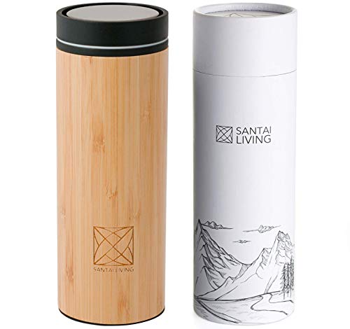 Santai Living Click Open Vacuum Insulated Travel Mug - Bamboo & Double Walled Stainless Steel Thermo Flask 14oz/400ml