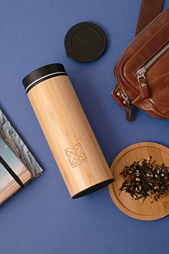 Santai Living Click Open Vacuum Insulated Travel Mug - Bamboo & Double Walled Stainless Steel Thermo Flask 14oz/400ml