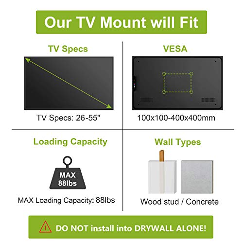 USX MOUNT Full Motion TV Wall Mount Fits for Most 26-55 Inch TVs 24" Extension Arm with Swivel Articulating Arm Rotation & Tilt, Corner Center Design TV Mount Bracket MAX VESA 400x400mm and 88lbs