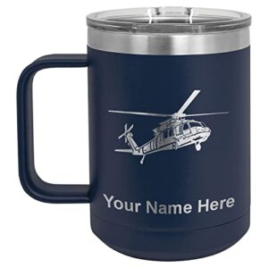 lasergram 15oz vacuum insulated coffee mug, military helicopter 1, personalized engraving included (navy blue)