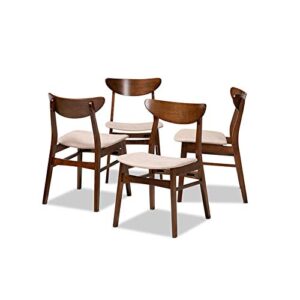 baxton studio parlin mid-century modern transitional light beige fabric upholstered and walnut brown finished wood 4-piece dining chair set