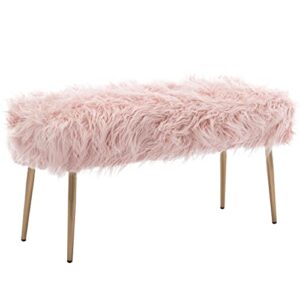 dm furniture faux fur vanity bench fuzzy entryway bench furry ottoman end of bed stool with gold metal legs for living room bedroom closet, pink