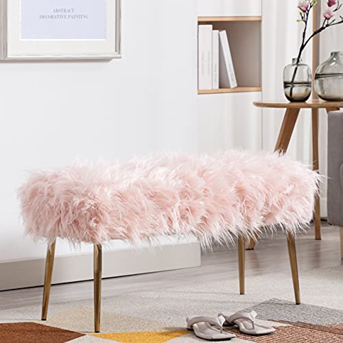 DM Furniture Faux Fur Vanity Bench Fuzzy Entryway Bench Furry Ottoman End of Bed Stool with Gold Metal Legs for Living Room Bedroom Closet, Pink