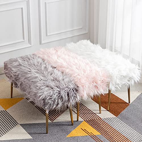 DM Furniture Faux Fur Vanity Bench Fuzzy Entryway Bench Furry Ottoman End of Bed Stool with Gold Metal Legs for Living Room Bedroom Closet, Pink