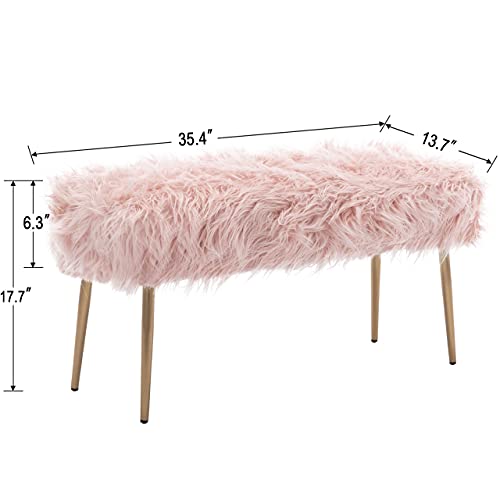 DM Furniture Faux Fur Vanity Bench Fuzzy Entryway Bench Furry Ottoman End of Bed Stool with Gold Metal Legs for Living Room Bedroom Closet, Pink