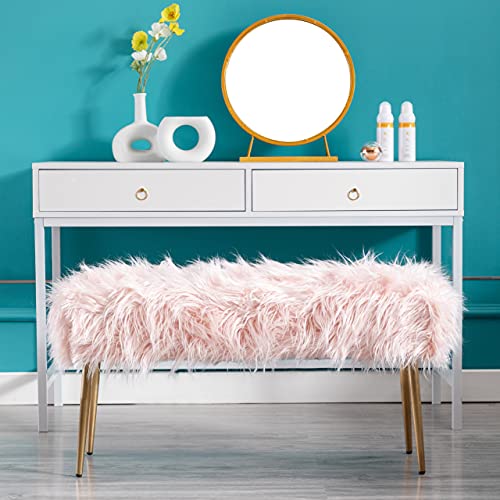 DM Furniture Faux Fur Vanity Bench Fuzzy Entryway Bench Furry Ottoman End of Bed Stool with Gold Metal Legs for Living Room Bedroom Closet, Pink