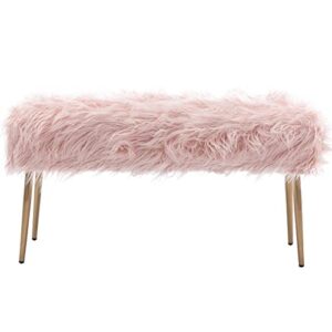 DM Furniture Faux Fur Vanity Bench Fuzzy Entryway Bench Furry Ottoman End of Bed Stool with Gold Metal Legs for Living Room Bedroom Closet, Pink