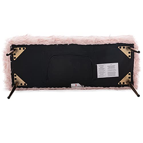 DM Furniture Faux Fur Vanity Bench Fuzzy Entryway Bench Furry Ottoman End of Bed Stool with Gold Metal Legs for Living Room Bedroom Closet, Pink