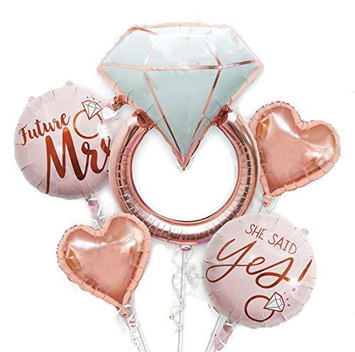 32 inch Diamond Ring Foil Balloon 22inch Rose Gold She Said Yes Balloon Future Mrs Foil Balloons Rose Gold Heart shape Foil Balloon Great for Bridal Shower Bride to be Party Wedding Engagement Decoration (5pcs)