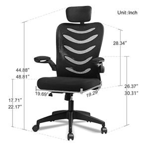 ComHoma Office Chair Ergonomic High Back Executive Adjustable Mesh Computer Chair with Flip-Up Armrests Adjustable Headrest Black,