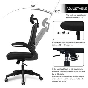 ComHoma Office Chair Ergonomic High Back Executive Adjustable Mesh Computer Chair with Flip-Up Armrests Adjustable Headrest Black,