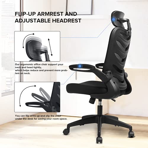 ComHoma Office Chair Ergonomic High Back Executive Adjustable Mesh Computer Chair with Flip-Up Armrests Adjustable Headrest Black,