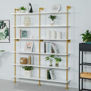 industrial 6-tiers modern ladder shelf bookcase,solid wood storage shelf,display shelving, wall mounted wood shelves, pipe wood shelves bookshelf vintage wrought iron finish (white)