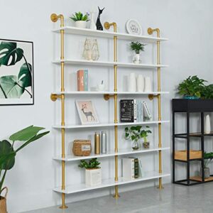 Industrial 6-Tiers Modern Ladder Shelf Bookcase,Solid Wood Storage Shelf,Display Shelving, Wall Mounted Wood Shelves, Pipe Wood Shelves Bookshelf Vintage Wrought Iron Finish (White)