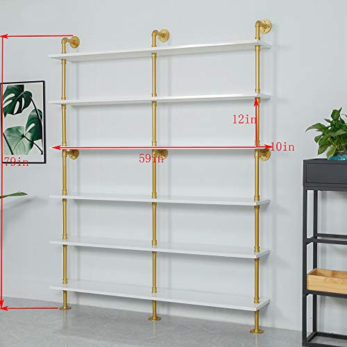 Industrial 6-Tiers Modern Ladder Shelf Bookcase,Solid Wood Storage Shelf,Display Shelving, Wall Mounted Wood Shelves, Pipe Wood Shelves Bookshelf Vintage Wrought Iron Finish (White)