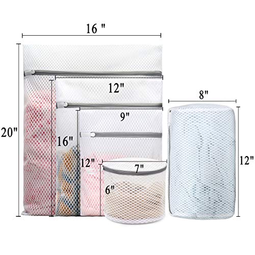 5Pcs Durable Honeycomb Mesh Laundry Bags for Delicates (1 Large 16 x 20 Inches, 1 Medium 12 x 16 Inches, 1 Small 9 x 12 Inches, 1 Cylinder 8 x 12 Inches, 1 Bra Wash Bag 6 x 7 Inches)