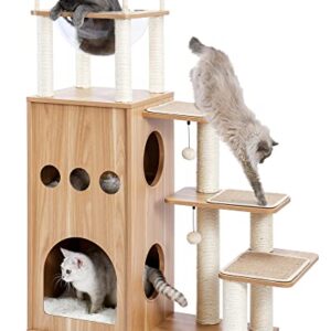 Made4Pets Modern Cat Tree for Large Cat, Wood Cat Tower Heavy Duty with Scratch Post for Indoor Big Cats, 51" Extra Tall Cat Condo Sturdy Frisco Castle with Clear Bowl for Kittens Maine Coon 20Lbs