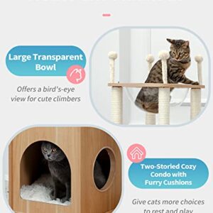 Made4Pets Modern Cat Tree for Large Cat, Wood Cat Tower Heavy Duty with Scratch Post for Indoor Big Cats, 51" Extra Tall Cat Condo Sturdy Frisco Castle with Clear Bowl for Kittens Maine Coon 20Lbs