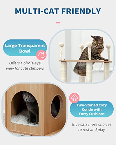 Made4Pets Modern Cat Tree for Large Cat, Wood Cat Tower Heavy Duty with Scratch Post for Indoor Big Cats, 51" Extra Tall Cat Condo Sturdy Frisco Castle with Clear Bowl for Kittens Maine Coon 20Lbs