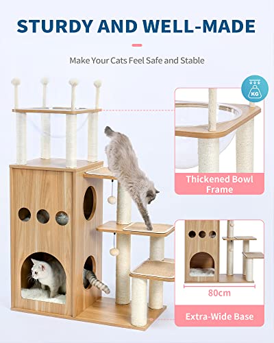 Made4Pets Modern Cat Tree for Large Cat, Wood Cat Tower Heavy Duty with Scratch Post for Indoor Big Cats, 51" Extra Tall Cat Condo Sturdy Frisco Castle with Clear Bowl for Kittens Maine Coon 20Lbs