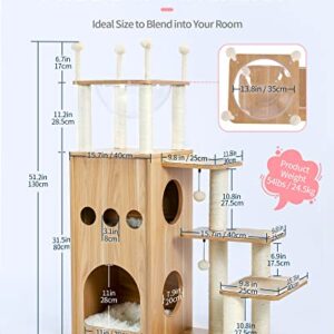 Made4Pets Modern Cat Tree for Large Cat, Wood Cat Tower Heavy Duty with Scratch Post for Indoor Big Cats, 51" Extra Tall Cat Condo Sturdy Frisco Castle with Clear Bowl for Kittens Maine Coon 20Lbs