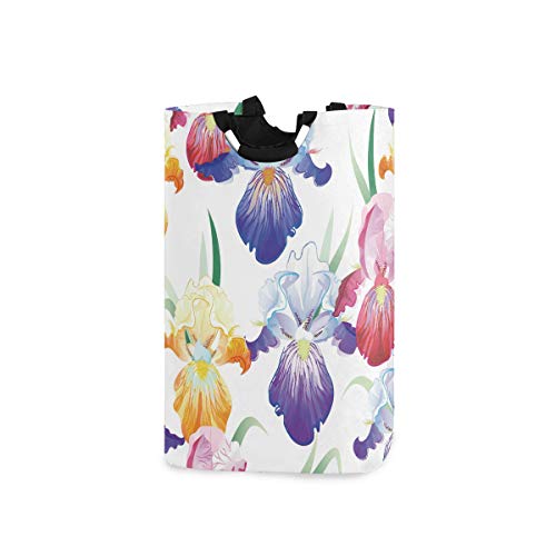 Nander Purple Iris Flower Laundry Hamper Oxford Cloth Fabric Laundry Basket Collapsible Storage Bin with Aluminum Circle Handles, Waterproof Inner