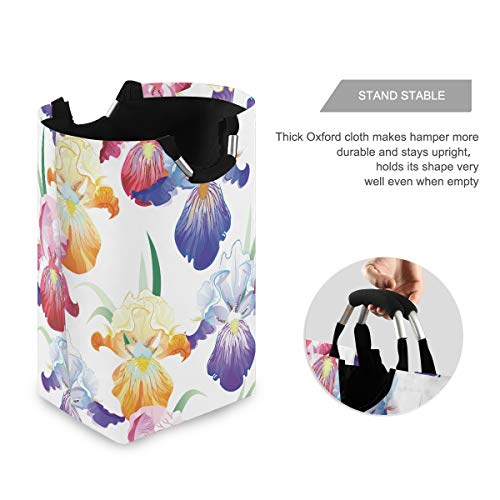 Nander Purple Iris Flower Laundry Hamper Oxford Cloth Fabric Laundry Basket Collapsible Storage Bin with Aluminum Circle Handles, Waterproof Inner