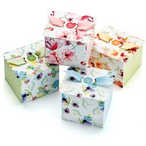 hayley cherie - floral gift treat boxes with ribbons & lids (20 pack) - thick 350gsm card - 4" x 4" x 3.2" inches - for favors, baby showers, christmas, bridesmaids, parties, birthdays, weddings